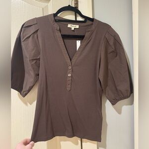 NWT Madewell Brown Puff-Sleeve Henley Top